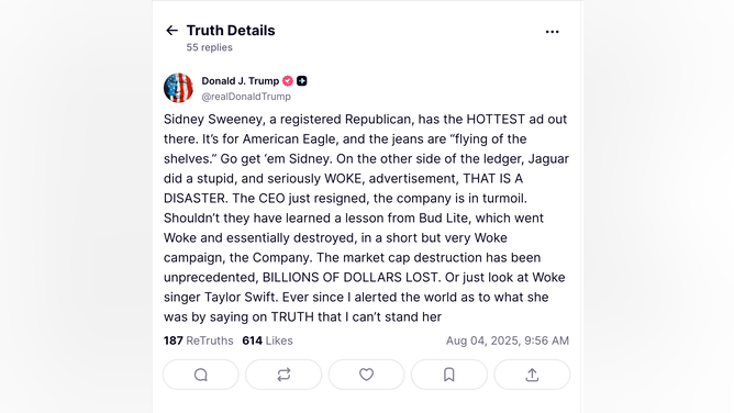 President Donald Trump shared a Truth Social post trashing Taylor Swift and praising Sydney Sweeney. It was later deleted. (Credit: Truth Social)